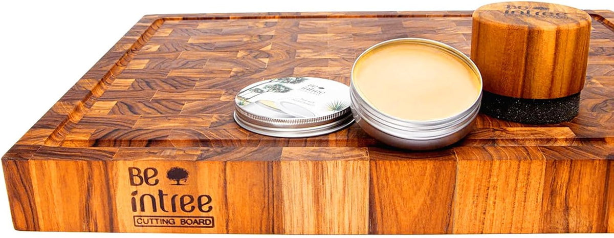 Premium Teak Wood Butcher Block Cutting Board Set - Complete Set with End Grain Board, Wood Wax & Applicator - Ideal Cutting Board Set for Home Cooks & Chefs. Improve your Cooking Experience Today