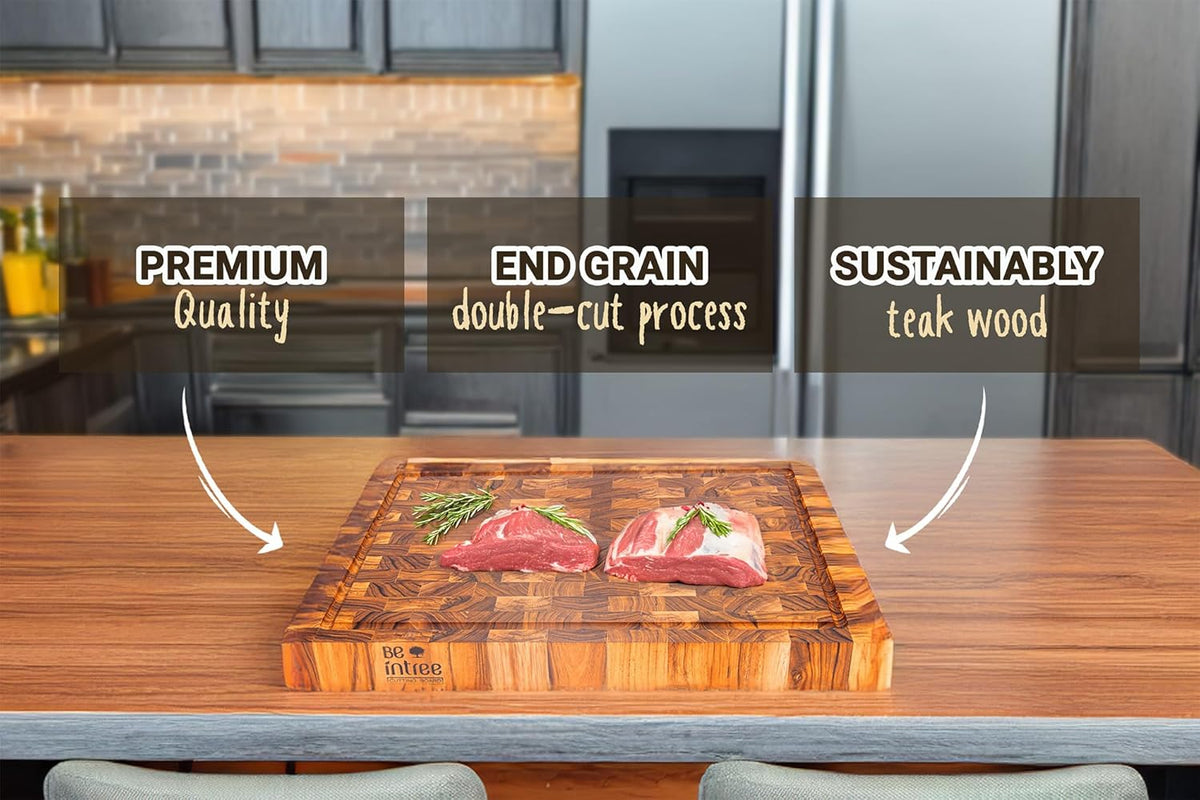 Premium Teak Wood Butcher Block Cutting Board Set - Complete Set with End Grain Board, Wood Wax & Applicator - Ideal Cutting Board Set for Home Cooks & Chefs. Improve your Cooking Experience Today