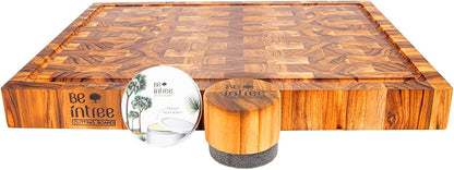 Premium Teak Wood Butcher Block Cutting Board Set - Complete Set with End Grain Board, Wood Wax & Applicator - Ideal Cutting Board Set for Home Cooks & Chefs. Improve your Cooking Experience Today
