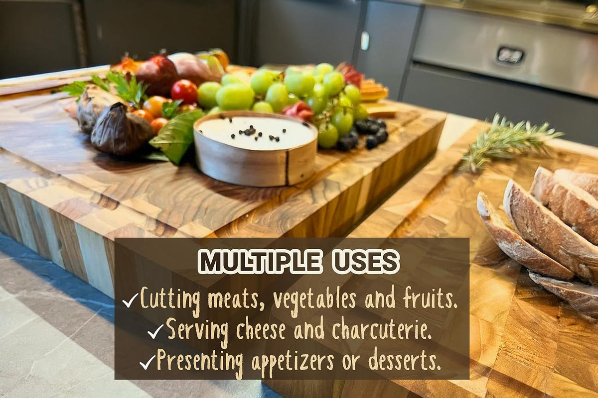 Premium Teak Wood Butcher Block Cutting Board Set - Complete Set with End Grain Board, Wood Wax & Applicator - Ideal Cutting Board Set for Home Cooks & Chefs. Improve your Cooking Experience Today