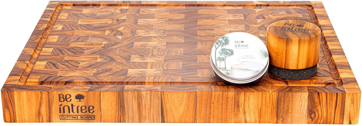 Premium Teak Wood Butcher Block Cutting Board Set - Complete Set with End Grain Board, Wood Wax & Applicator - Ideal Cutting Board Set for Home Cooks & Chefs. Improve your Cooking Experience Today