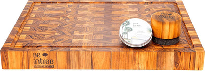 Premium Teak Wood Butcher Block Cutting Board Set - Complete Set with End Grain Board, Wood Wax & Applicator - Ideal Cutting Board Set for Home Cooks & Chefs. Improve your Cooking Experience Today