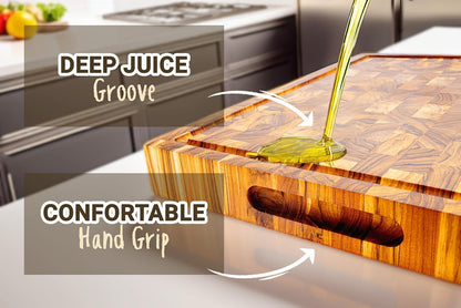 Premium Teak Wood Butcher Block Cutting Board Set - Complete Set with End Grain Board, Wood Wax & Applicator - Ideal Cutting Board Set for Home Cooks & Chefs. Improve your Cooking Experience Today