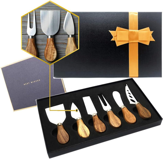 Premium 6-Piece Cheese Knife Set, Stainless Steel Cheese Knives Collection | Complete Stainless Steel Cheese Knives Collection (Acacia Wood Handle)-Charcuterie Boards Accessories,Gift-Ready