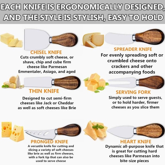 Premium 6-Piece Cheese Knife Set, Stainless Steel Cheese Knives Collection | Complete Stainless Steel Cheese Knives Collection (Acacia Wood Handle)-Charcuterie Boards Accessories,Gift-Ready
