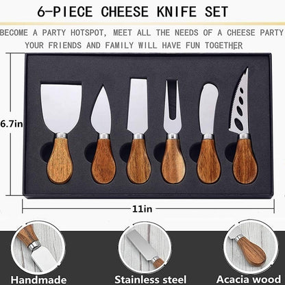 Premium 6-Piece Cheese Knife Set, Stainless Steel Cheese Knives Collection | Complete Stainless Steel Cheese Knives Collection (Acacia Wood Handle)-Charcuterie Boards Accessories,Gift-Ready