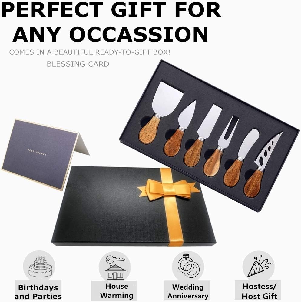 Premium 6-Piece Cheese Knife Set, Stainless Steel Cheese Knives Collection | Complete Stainless Steel Cheese Knives Collection (Acacia Wood Handle)-Charcuterie Boards Accessories,Gift-Ready