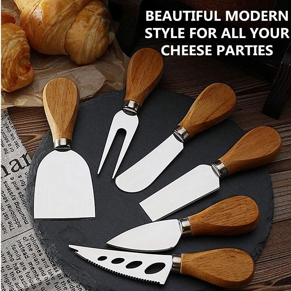 Premium 6-Piece Cheese Knife Set, Stainless Steel Cheese Knives Collection | Complete Stainless Steel Cheese Knives Collection (Acacia Wood Handle)-Charcuterie Boards Accessories,Gift-Ready