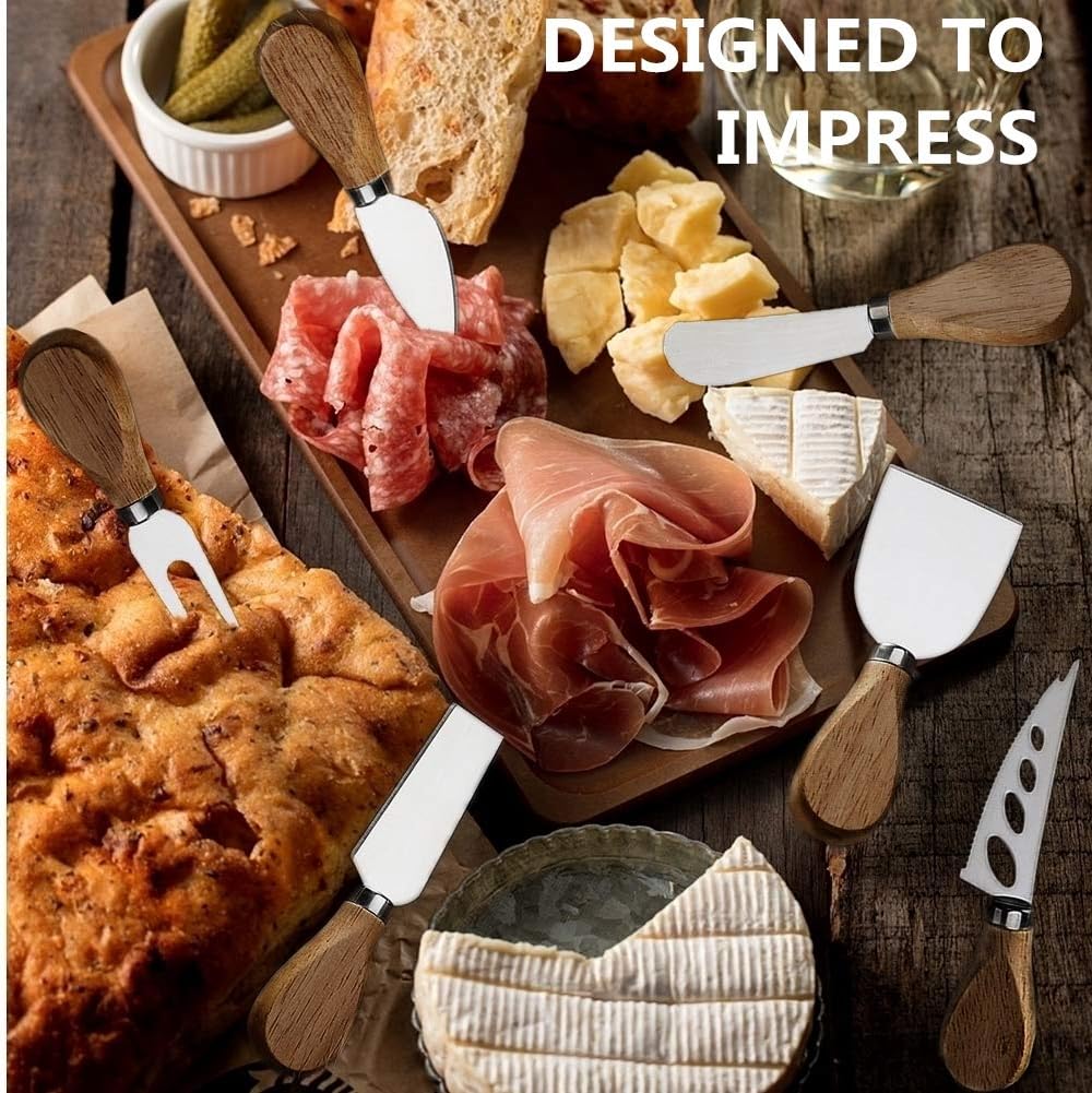 Premium 6-Piece Cheese Knife Set, Stainless Steel Cheese Knives Collection | Complete Stainless Steel Cheese Knives Collection (Acacia Wood Handle)-Charcuterie Boards Accessories,Gift-Ready