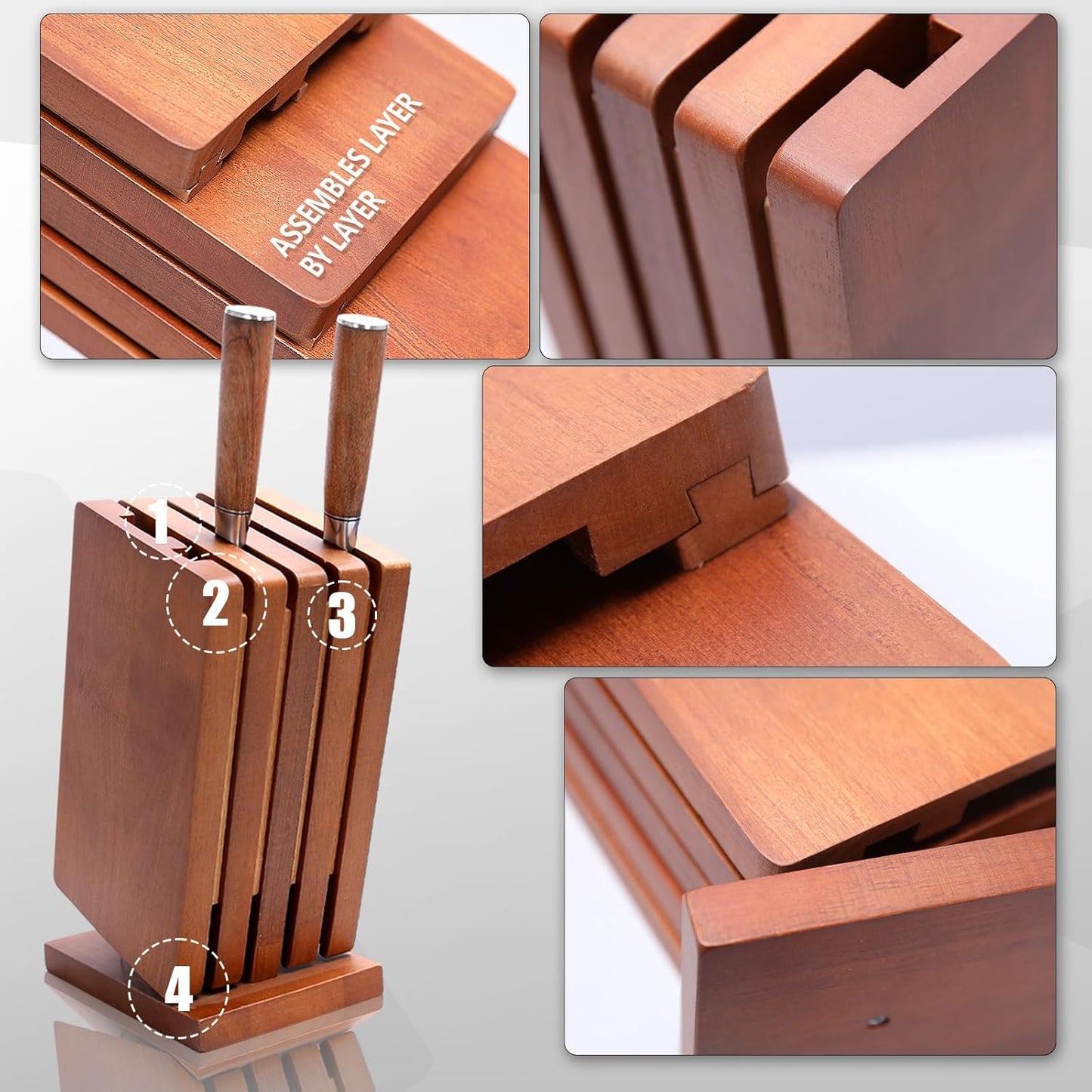 Knife Block & Universal Holder - Detachable Solid Wood Organizer for Kitchen Storage, Washable Design (No Knives Included) - Gift Ready for Chefs 1 Piece