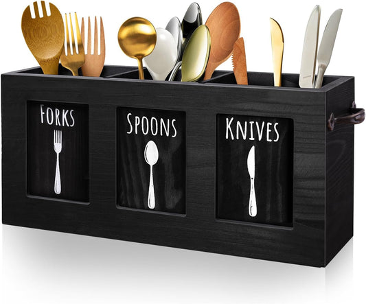 Kitchen Utensil Holder for Counter | Rustic Wood Flatware & Silverware Organizer for Forks, Spoons, Knives | Farmhouse Cutlery Utensil Caddy Bin - Black