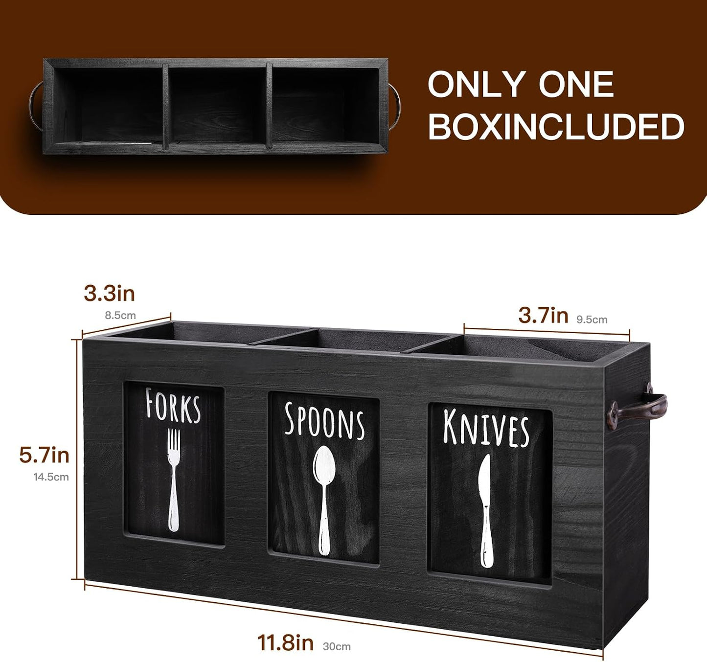 Kitchen Utensil Holder for Counter | Rustic Wood Flatware & Silverware Organizer for Forks, Spoons, Knives | Farmhouse Cutlery Utensil Caddy Bin - Black