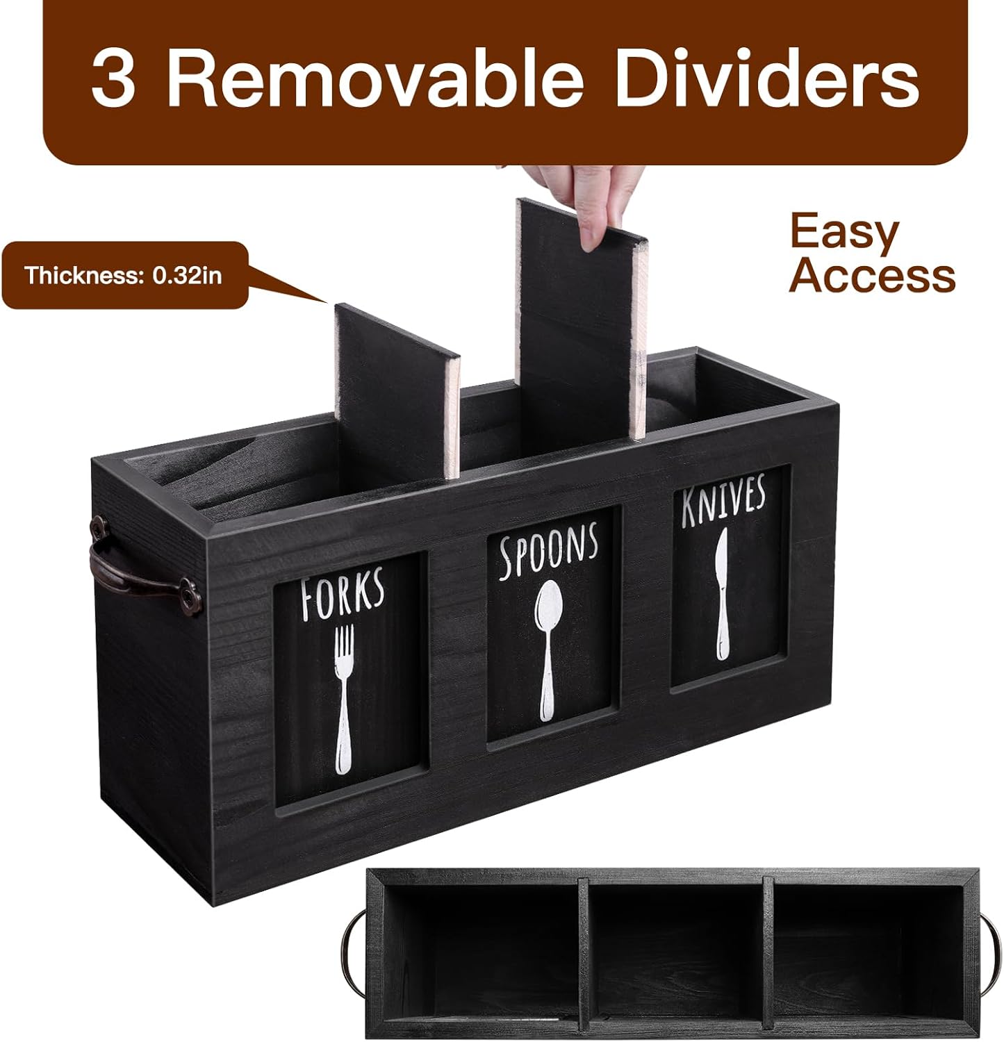 Kitchen Utensil Holder for Counter | Rustic Wood Flatware & Silverware Organizer for Forks, Spoons, Knives | Farmhouse Cutlery Utensil Caddy Bin - Black