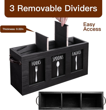 Kitchen Utensil Holder for Counter | Rustic Wood Flatware & Silverware Organizer for Forks, Spoons, Knives | Farmhouse Cutlery Utensil Caddy Bin - Black
