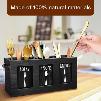 Kitchen Utensil Holder for Counter | Rustic Wood Flatware & Silverware Organizer for Forks, Spoons, Knives | Farmhouse Cutlery Utensil Caddy Bin - Black