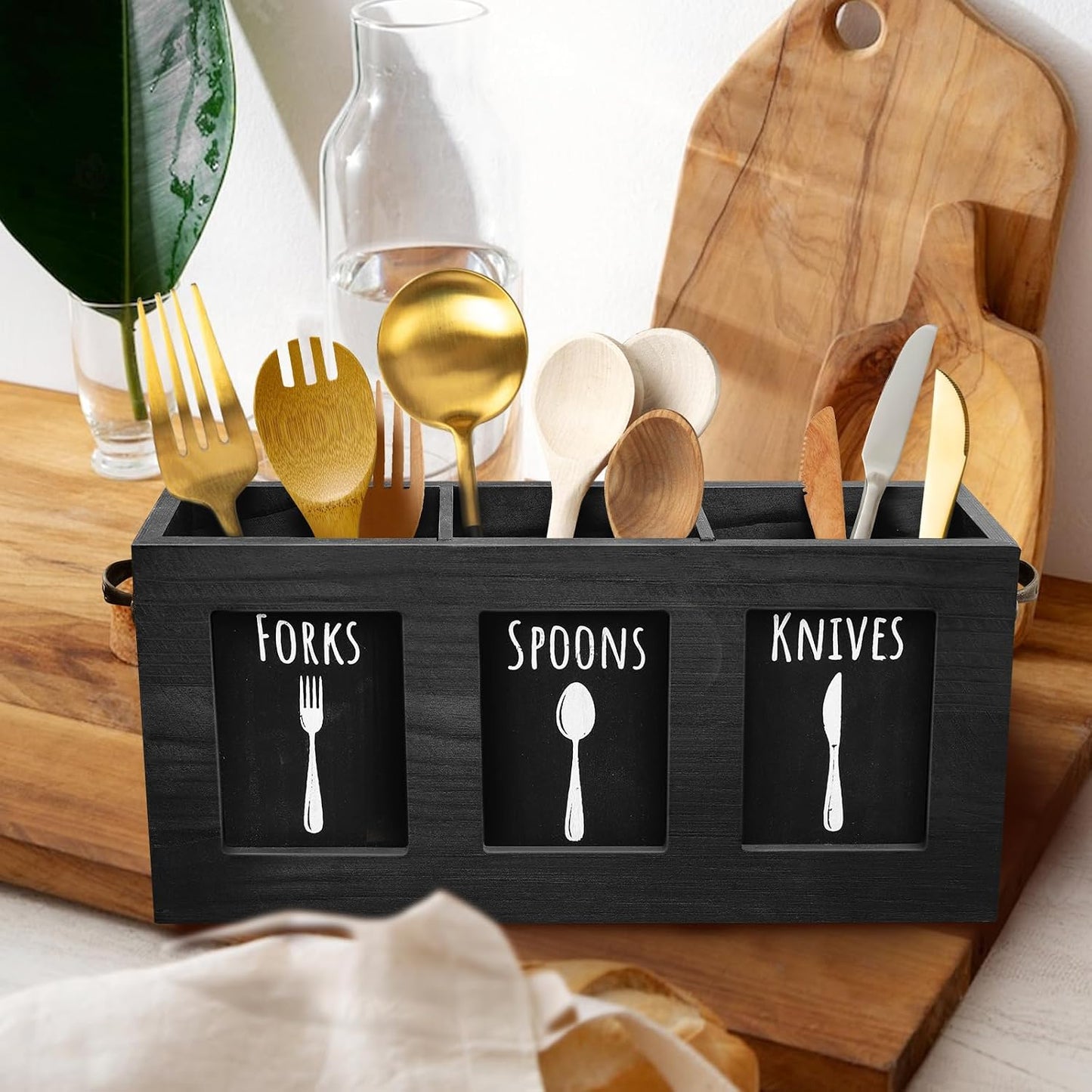 Kitchen Utensil Holder for Counter | Rustic Wood Flatware & Silverware Organizer for Forks, Spoons, Knives | Farmhouse Cutlery Utensil Caddy Bin - Black
