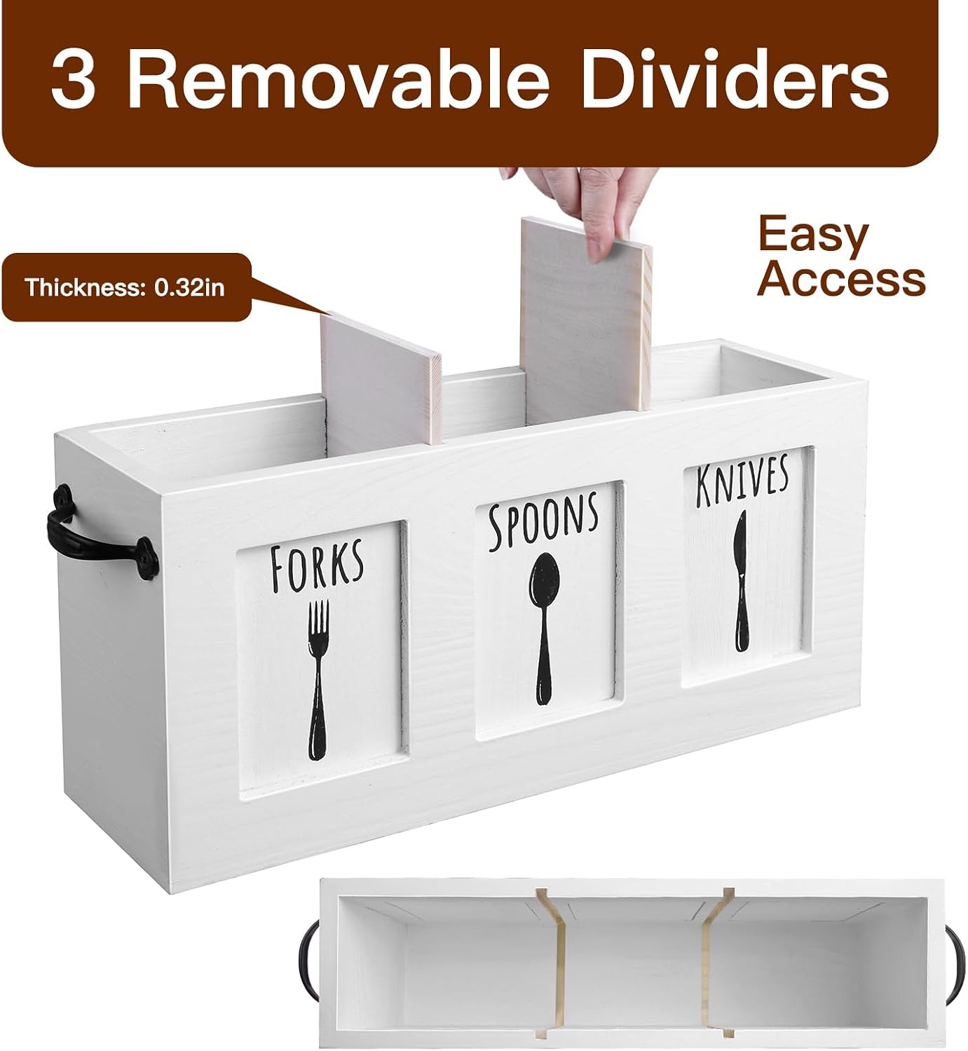 Kitchen Utensil Holder for Counter | Rustic Wood Flatware & Silverware Organizer for Forks, Spoons, Knives | Farmhouse Cutlery Utensil Caddy Bin - Black