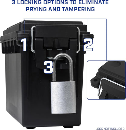 Ammo Box Made in USA, Stackable Lockable Ammo Storage Box, Black | Lockable Storage Box, Water and Dust Resistant Dry Box, Secures Hunting Gear, Gun Accessories, Supplies, and Bullets