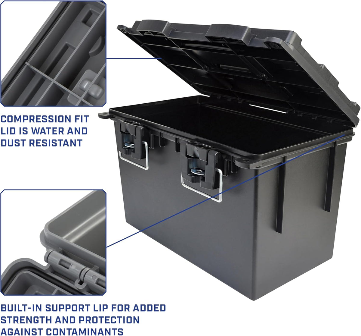 Ammo Box Made in USA, Stackable Lockable Ammo Storage Box, Black | Lockable Storage Box, Water and Dust Resistant Dry Box, Secures Hunting Gear, Gun Accessories, Supplies, and Bullets