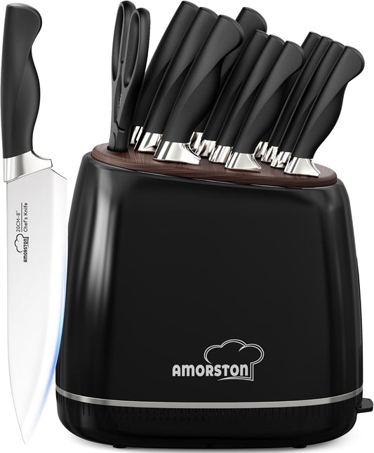 Knife Set, 14-Piece Kitchen Knives Set with Block & Sharpening Stone, Stainless Steel Dishwasher Safe, Knife Block Set with Ergonomic Handle, Professional Kitchen Knives for Home Cooking