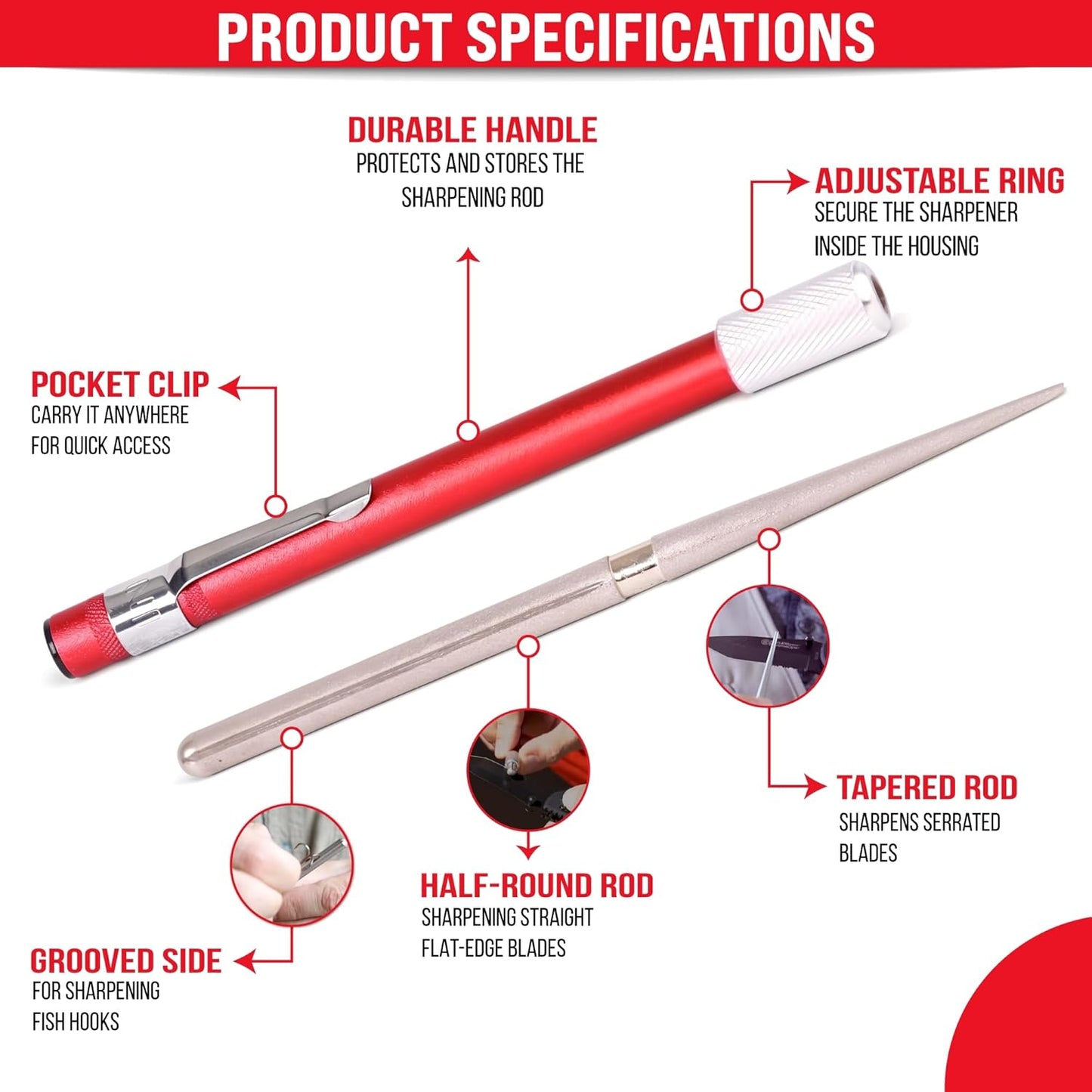Serrated Knife Sharpener Rod - Retractable Diamond Sharpening Rod - Ultra Portable Diamond Knife Sharpener Rod - Mini Pocket Sharpener for Outdoor Hunting Fishing (FE-RDSR)