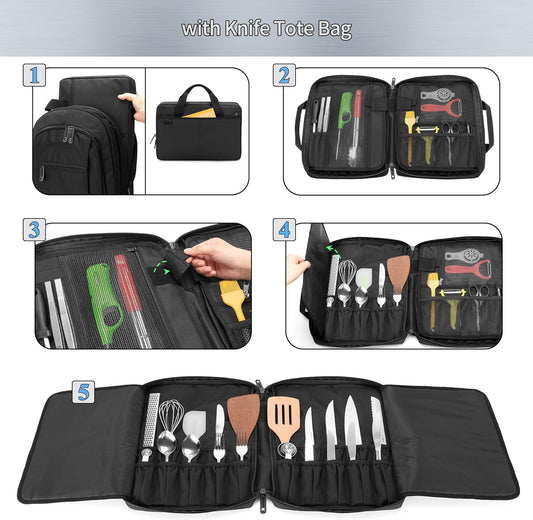 Three-layer Chef Backpack with Knife Bag, 12 + 23 Slots, Bag Only | Knife Backpack & Chef Case for Kitchen Utensils, with Multiple Pockets, for Cooking Classes, Outdoor Work, & Family Dinners