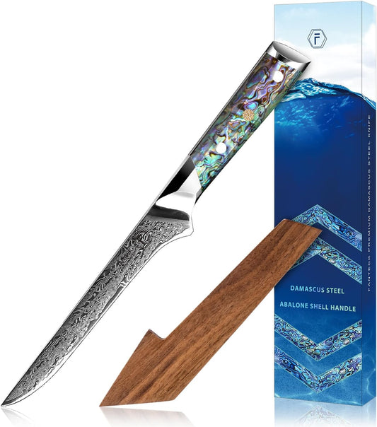 Fanteck 6" Boning Fillet Knife,Damascus Japanese Pro Vg10 67 Layer Sharp Curved Flexible Blade Kitchen Deboning Knives for Fish Poultry Chicken Meat Cutting-Full Tang Abalone Shell Handle&Wooden Cover