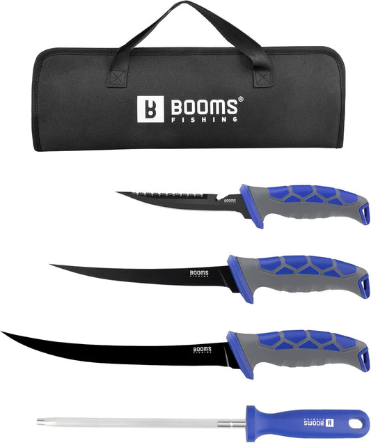 Fillet Knife Set: 5" Bait Knife, 7" & 9" Filet Knives with Sharpening Steel and Storage Case - Non-Slip Handles, Vented Sheaths for Saltwater & Freshwater - Ideal Fishing Gift for Men