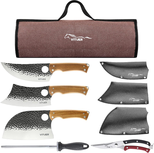 9 PCS Butcher Viking Camping Knife Set, 7" Serbian Chef Knife, 7" Butcher Meat Cleaver, 6.5" Viking Knife, 3 Knife Sheath, Honing Steel, Poultry Shears and Knife Roll Bag (Stylish Horse Pattern)