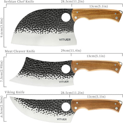 9 PCS Butcher Viking Camping Knife Set, 7" Serbian Chef Knife, 7" Butcher Meat Cleaver, 6.5" Viking Knife, 3 Knife Sheath, Honing Steel, Poultry Shears and Knife Roll Bag (Stylish Horse Pattern)