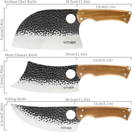 9 PCS Butcher Viking Camping Knife Set, 7" Serbian Chef Knife, 7" Butcher Meat Cleaver, 6.5" Viking Knife, 3 Knife Sheath, Honing Steel, Poultry Shears and Knife Roll Bag (Stylish Horse Pattern)