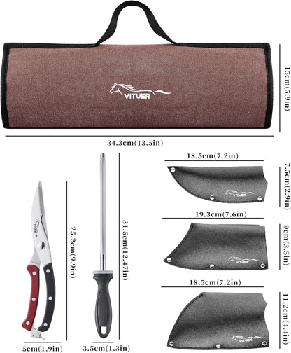 9 PCS Butcher Viking Camping Knife Set, 7" Serbian Chef Knife, 7" Butcher Meat Cleaver, 6.5" Viking Knife, 3 Knife Sheath, Honing Steel, Poultry Shears and Knife Roll Bag (Stylish Horse Pattern)