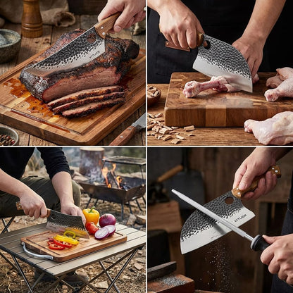 9 PCS Butcher Viking Camping Knife Set, 7" Serbian Chef Knife, 7" Butcher Meat Cleaver, 6.5" Viking Knife, 3 Knife Sheath, Honing Steel, Poultry Shears and Knife Roll Bag (Stylish Horse Pattern)