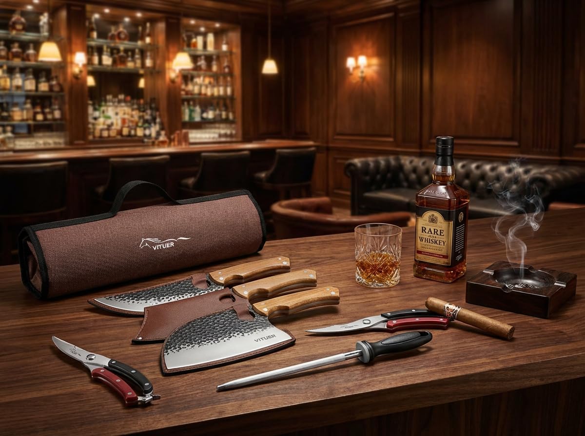 9 PCS Butcher Viking Camping Knife Set, 7" Serbian Chef Knife, 7" Butcher Meat Cleaver, 6.5" Viking Knife, 3 Knife Sheath, Honing Steel, Poultry Shears and Knife Roll Bag (Stylish Horse Pattern)