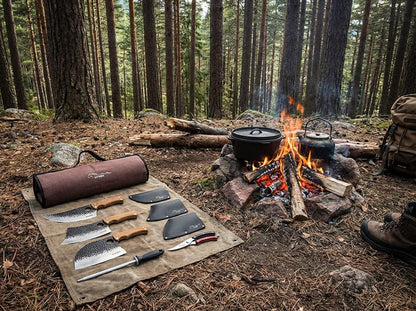 9 PCS Butcher Viking Camping Knife Set, 7" Serbian Chef Knife, 7" Butcher Meat Cleaver, 6.5" Viking Knife, 3 Knife Sheath, Honing Steel, Poultry Shears and Knife Roll Bag (Stylish Horse Pattern)