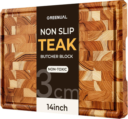 Teak Wood Cutting Boards for Kitchen, Butcher Block End Grain Checkered Wooden Cutting Board with Juice Groove Hardwood Chopping Charcuterie Board Non Toxic for Cheese & Vegetables Over Sink Solid 14"