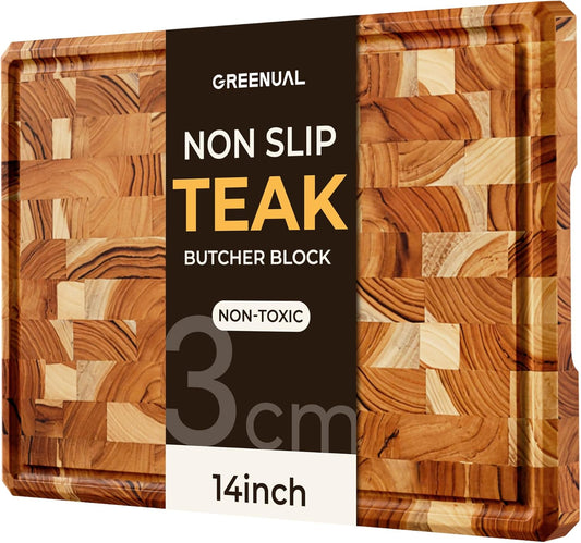 Teak Wood Cutting Boards for Kitchen, Butcher Block End Grain Checkered Wooden Cutting Board with Juice Groove Hardwood Chopping Charcuterie Board Non Toxic for Cheese & Vegetables Over Sink Solid 14"