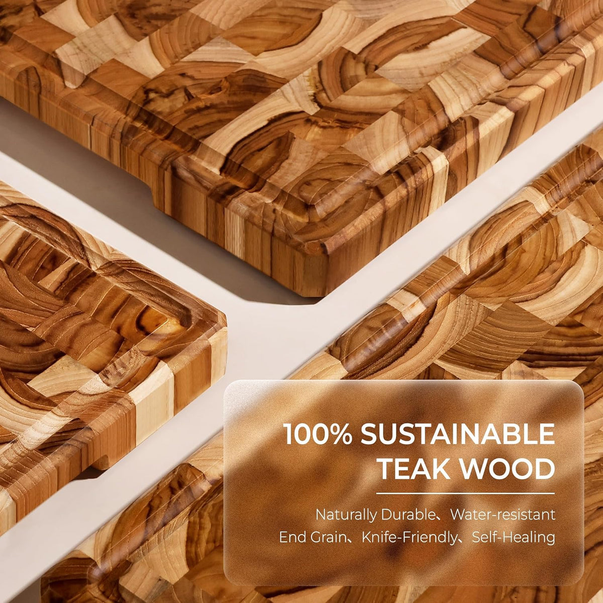 Teak Wood Cutting Boards for Kitchen, Butcher Block End Grain Checkered Wooden Cutting Board with Juice Groove Hardwood Chopping Charcuterie Board Non Toxic for Cheese & Vegetables Over Sink Solid 14"