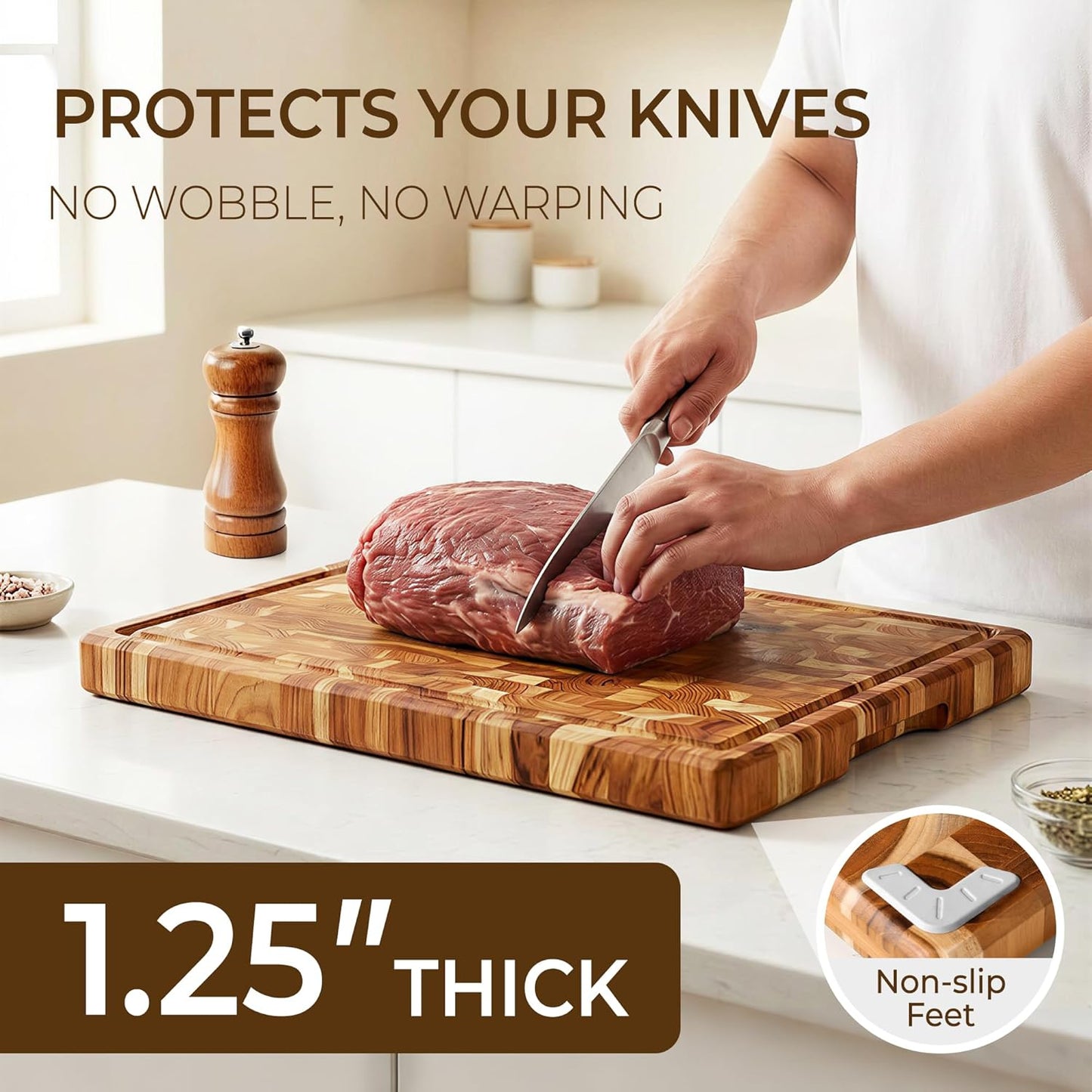 Teak Wood Cutting Boards for Kitchen, Butcher Block End Grain Checkered Wooden Cutting Board with Juice Groove Hardwood Chopping Charcuterie Board Non Toxic for Cheese & Vegetables Over Sink Solid 14"