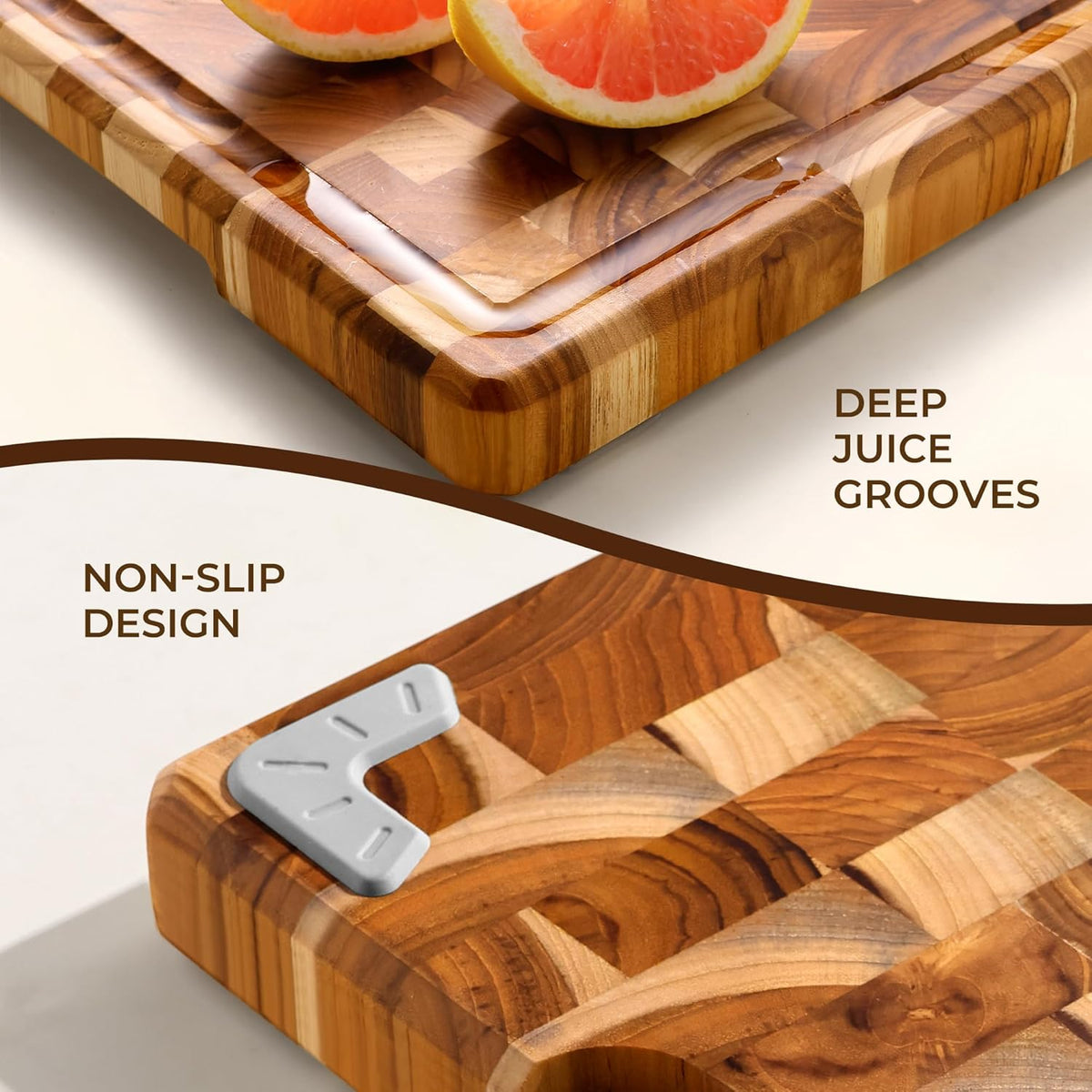 Teak Wood Cutting Boards for Kitchen, Butcher Block End Grain Checkered Wooden Cutting Board with Juice Groove Hardwood Chopping Charcuterie Board Non Toxic for Cheese & Vegetables Over Sink Solid 14"