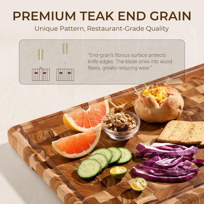 Teak Wood Cutting Boards for Kitchen, Butcher Block End Grain Checkered Wooden Cutting Board with Juice Groove Hardwood Chopping Charcuterie Board Non Toxic for Cheese & Vegetables Over Sink Solid 14"