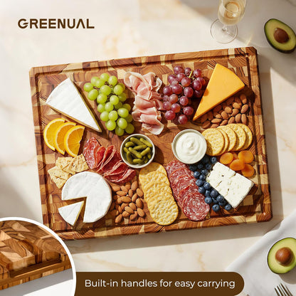 Teak Wood Cutting Boards for Kitchen, Butcher Block End Grain Checkered Wooden Cutting Board with Juice Groove Hardwood Chopping Charcuterie Board Non Toxic for Cheese & Vegetables Over Sink Solid 14"