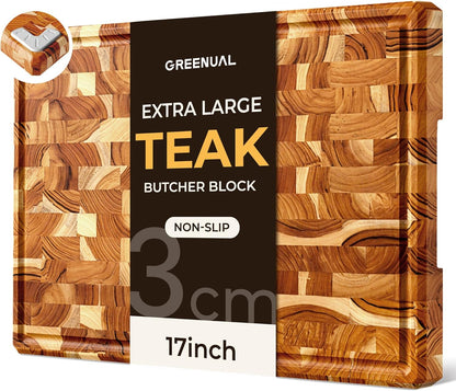 Teak Wood Cutting Boards for Kitchen, Butcher Block End Grain Checkered Wooden Cutting Board with Juice Groove Hardwood Chopping Charcuterie Board Non Toxic for Cheese & Vegetables Over Sink Solid 14"