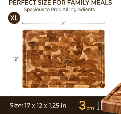 Teak Wood Cutting Boards for Kitchen, Butcher Block End Grain Checkered Wooden Cutting Board with Juice Groove Hardwood Chopping Charcuterie Board Non Toxic for Cheese & Vegetables Over Sink Solid 14"