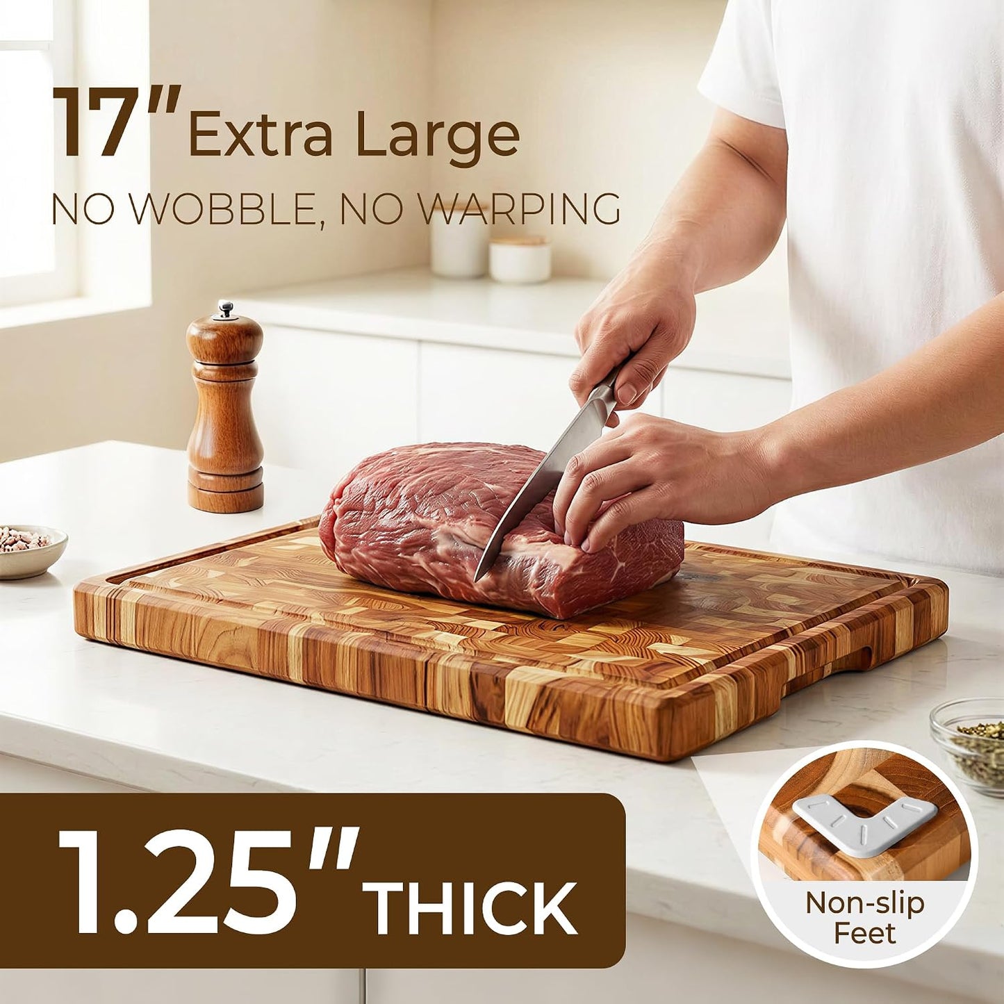 Teak Wood Cutting Boards for Kitchen, Butcher Block End Grain Checkered Wooden Cutting Board with Juice Groove Hardwood Chopping Charcuterie Board Non Toxic for Cheese & Vegetables Over Sink Solid 14"