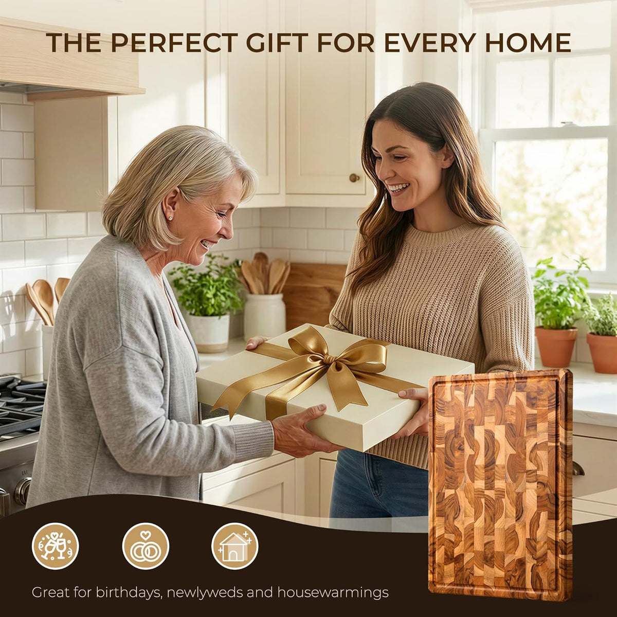Teak Wood Cutting Boards for Kitchen, Butcher Block End Grain Checkered Wooden Cutting Board with Juice Groove Hardwood Chopping Charcuterie Board Non Toxic for Cheese & Vegetables Over Sink Solid 14"