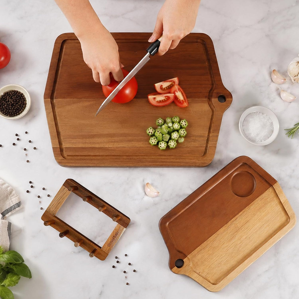 Acacia Wood Cutting Board 12 x 8 In, Wooden Cutting Boards for Kitchen Non Toxic Dishwasher Safe Non Slip, Small Cutting Board for Meat, Charcuterie, Chopping