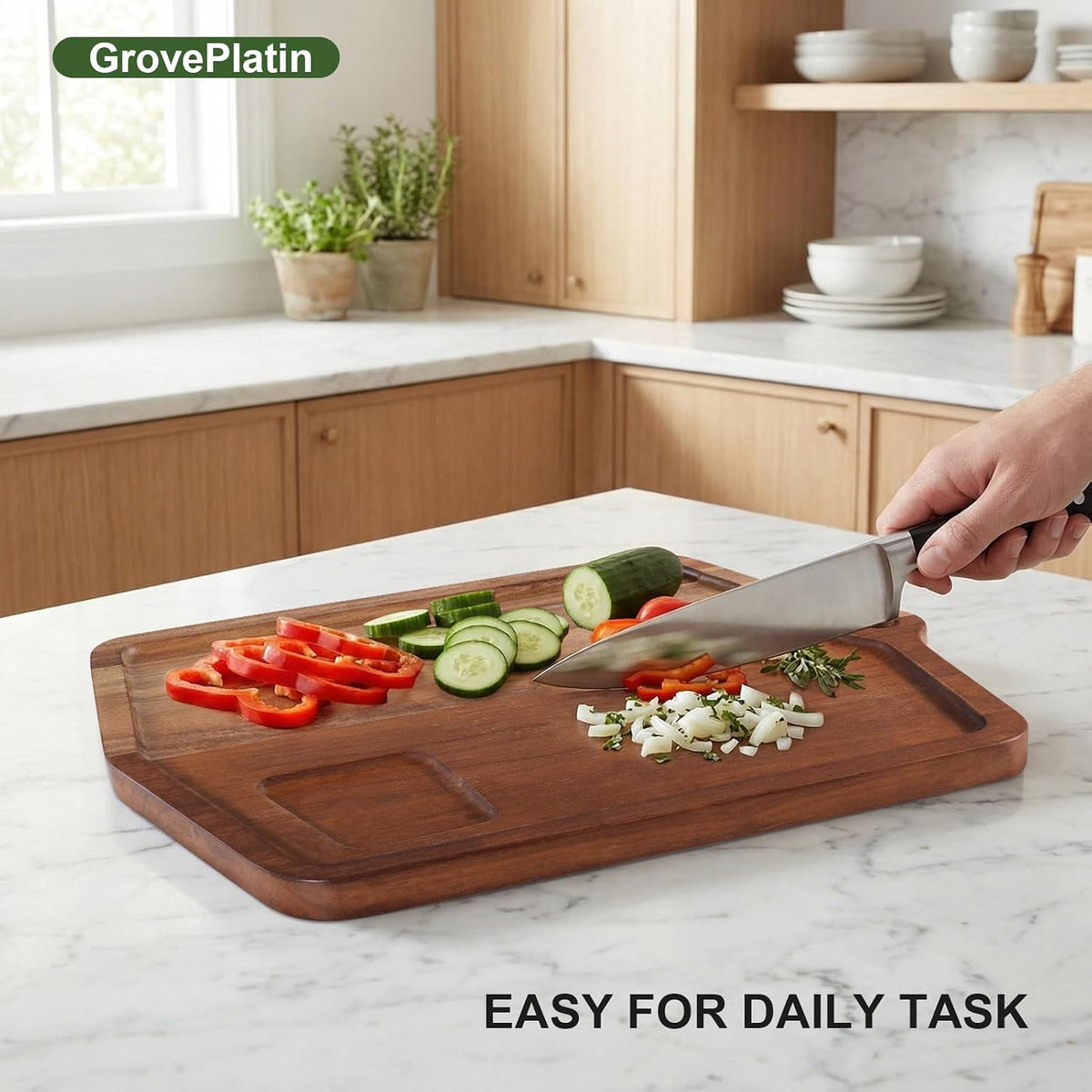 Acacia Wood Cutting Board 12 x 8 In, Wooden Cutting Boards for Kitchen Non Toxic Dishwasher Safe Non Slip, Small Cutting Board for Meat, Charcuterie, Chopping