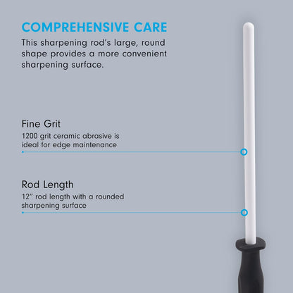 12” Ceramic Sharpening Rod - Knife Sharpener - Fine 1200 Grit - Ceramic Core, Large Sharpening Surface & Soft-Grip Handle