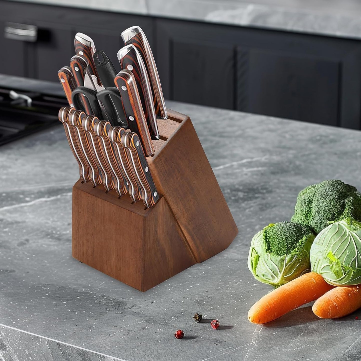 Wood Kitchen Knife Block, Universal Kitchen Knife Holder Kitchen Knife Storage Rack 14 Slots Knife Holder (Black)